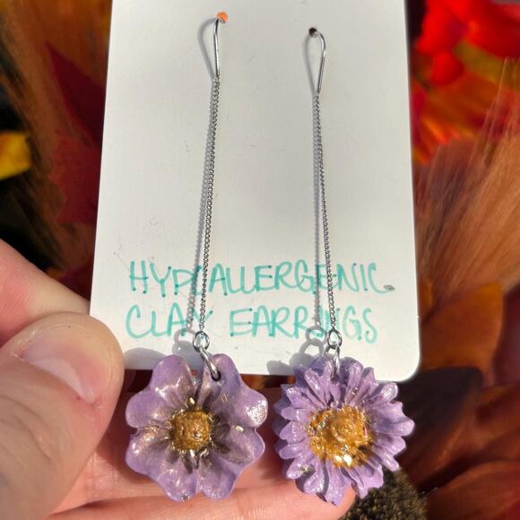 Hand Crafted Jewelry - Set of Silver Threader Earrings, Purple Flower Jewelry, Mismatched Earrings